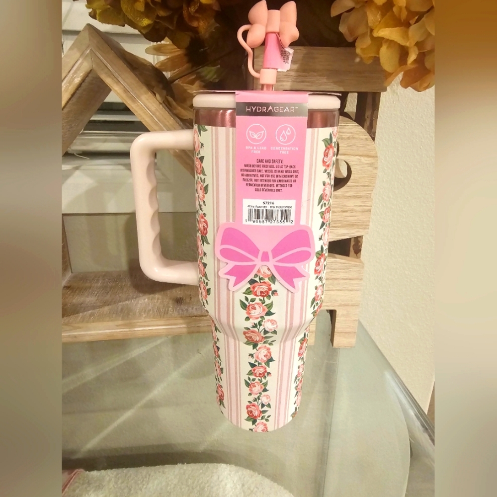 Love Shack Fancy Pink Striped Floral Tumbler 40 oz Quencher H2.0